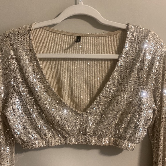 Sequins Cropped Low V-Neck balloon sleeves Women’s Party Top size M - Picture 2 of 13
